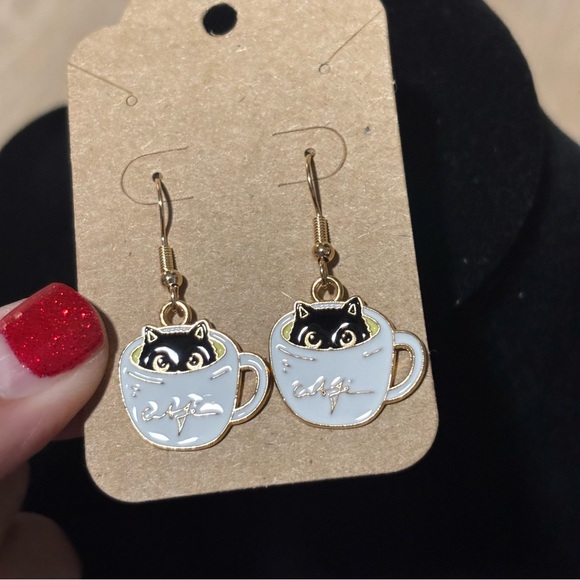 Void Black Cat In Coffee Cup Dangle Earrings, Kitty in Coffee Dangle Earrings - Picture 5 of 10